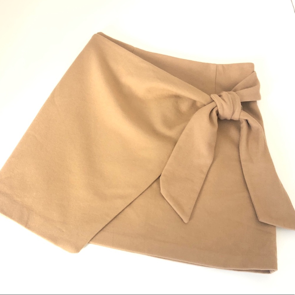 WILFRED Wool Cashmere Camel Wrap Tie Mini Skirt